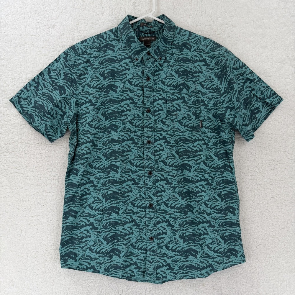 Eddie Bauer Grifton Shirt Mens Large Green Lagoon Wave Print Short Sleeve Casual
